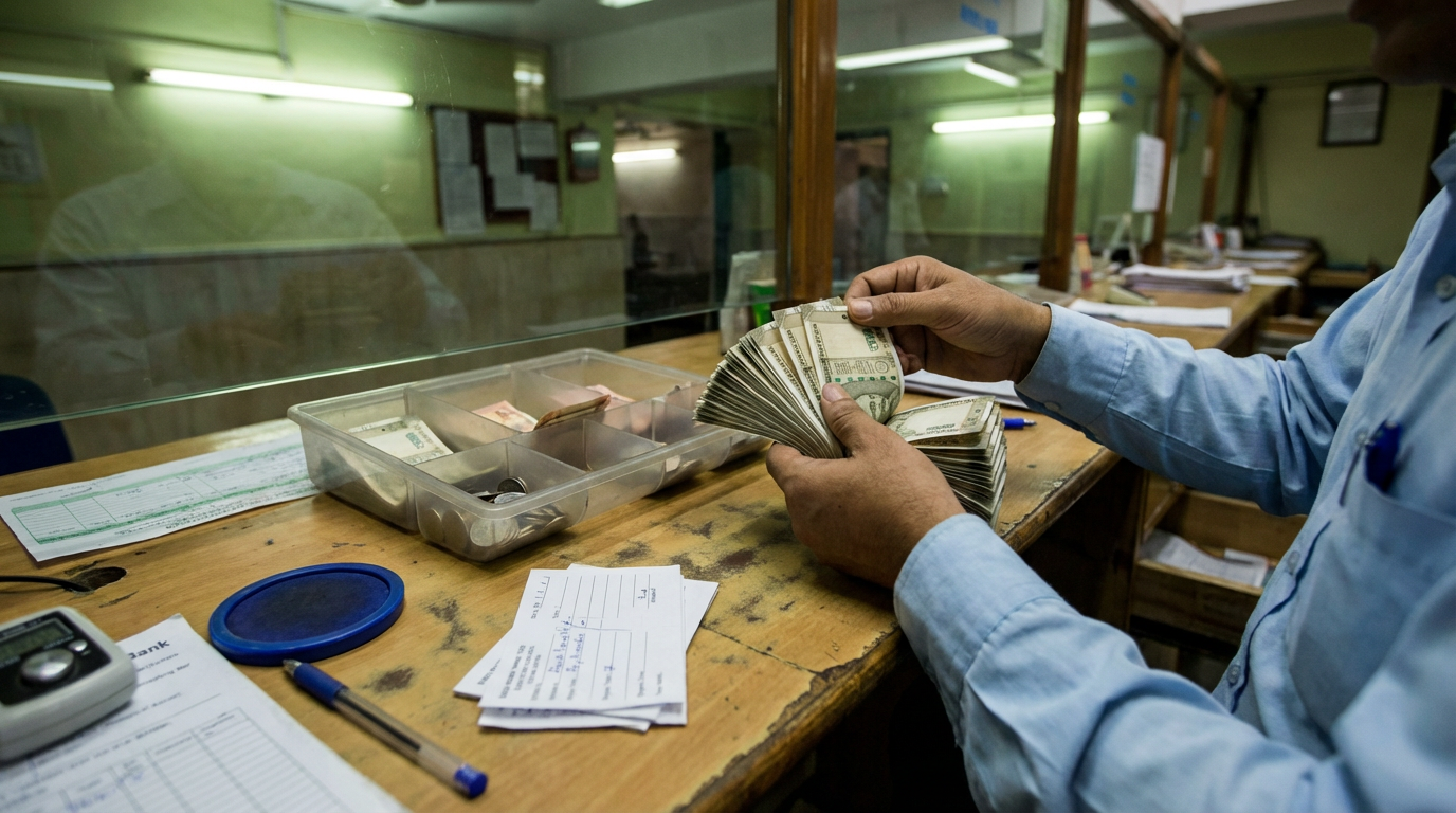 Bank cashier counting Indian ₹500 currency notes using the fan-and-count method at a nationalised bank branch counter