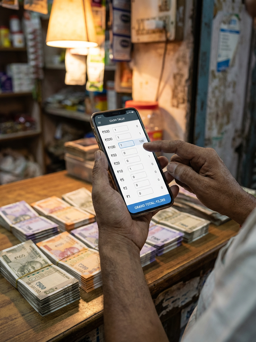 Shopkeeper using the Cash Denomination Calculator denomination calculator on a smartphone at a retail counter with Indian currency notes
