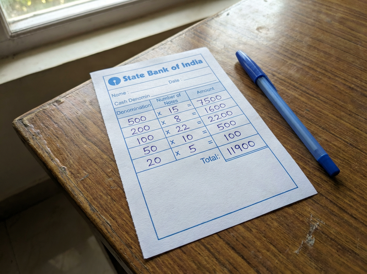 Filled SBI denomination slip showing denomination-wise cash breakup for ₹500, ₹200, ₹100, ₹50, and ₹20 notes with bank stamp