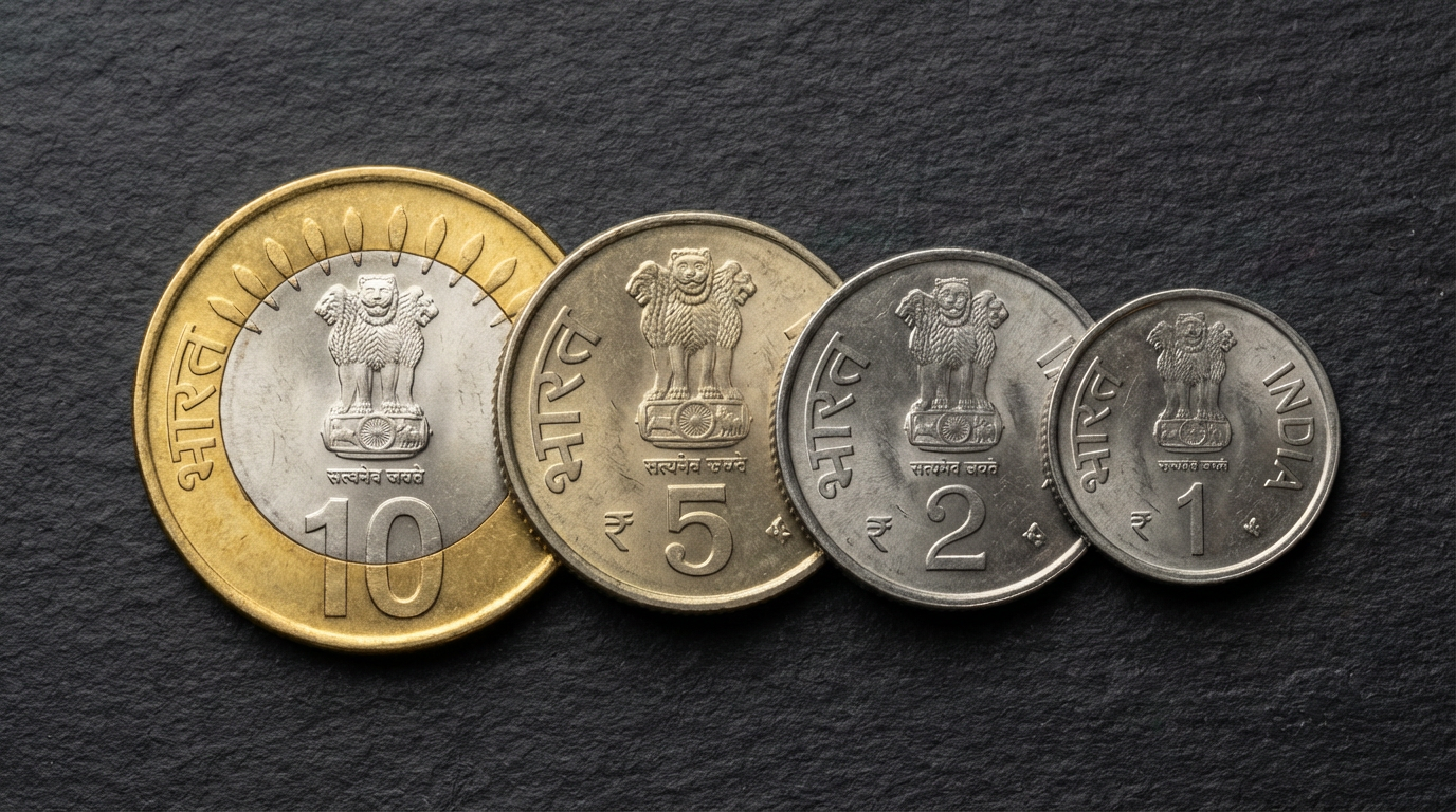 Indian coins: ₹10 bimetallic, ₹5 nickel-brass, ₹2 ferritic stainless steel, and ₹1 stainless steel coins with Lion Capital of Ashoka emblem