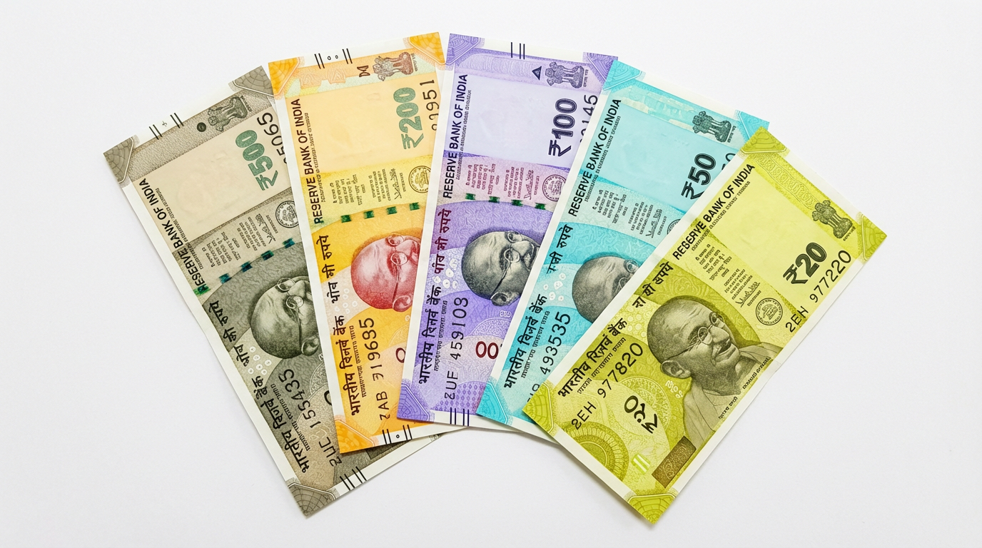 Indian banknotes of the Mahatma Gandhi New Series: ₹500 (grey), ₹200 (yellow), ₹100 (lavender), ₹50 (blue), and ₹20 (greenish-yellow) arranged in descending order